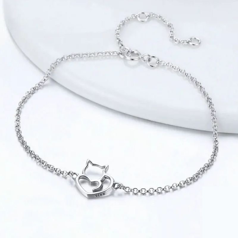 Pulseira Feminina Prata 925 com Pingente de Gatinho Delicada e Elegante feminina - Pulseira Pingente de Gatinho elegante | Veluna