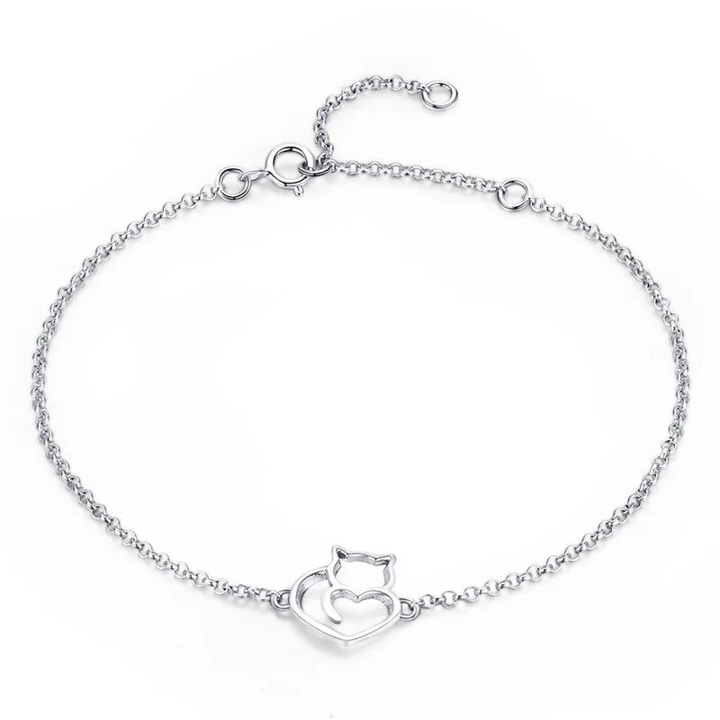 Pulseira Feminina Prata 925 com Pingente de Gatinho Delicada e Elegante feminina - Pulseira Pingente de Gatinho elegante | Veluna
