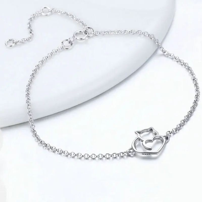 Pulseira Feminina Prata 925 com Pingente de Gatinho Delicada e Elegante feminina - Pulseira Pingente de Gatinho elegante | Veluna