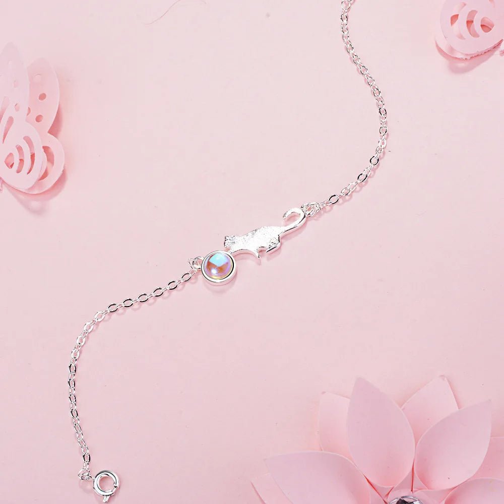Pulseira Feminina Prata 925 com Pingente de Gatinho e Gota Delicada e Elegante feminina - Pulseira Gatinho mais Gota elegante | Veluna