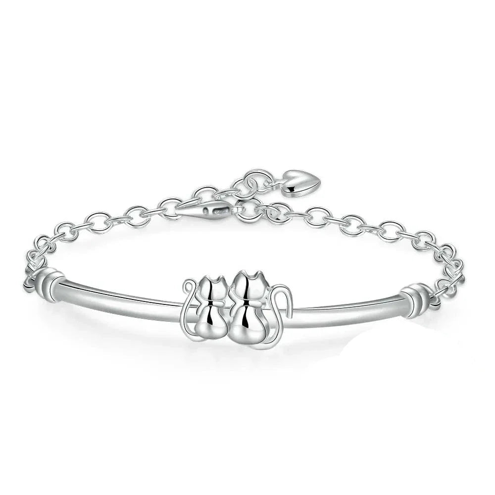 Pulseira Prata Esterlina 925 2 Gatinhos mais Pingente Coração feminina - Pulseira Pingente Coração elegante | Veluna