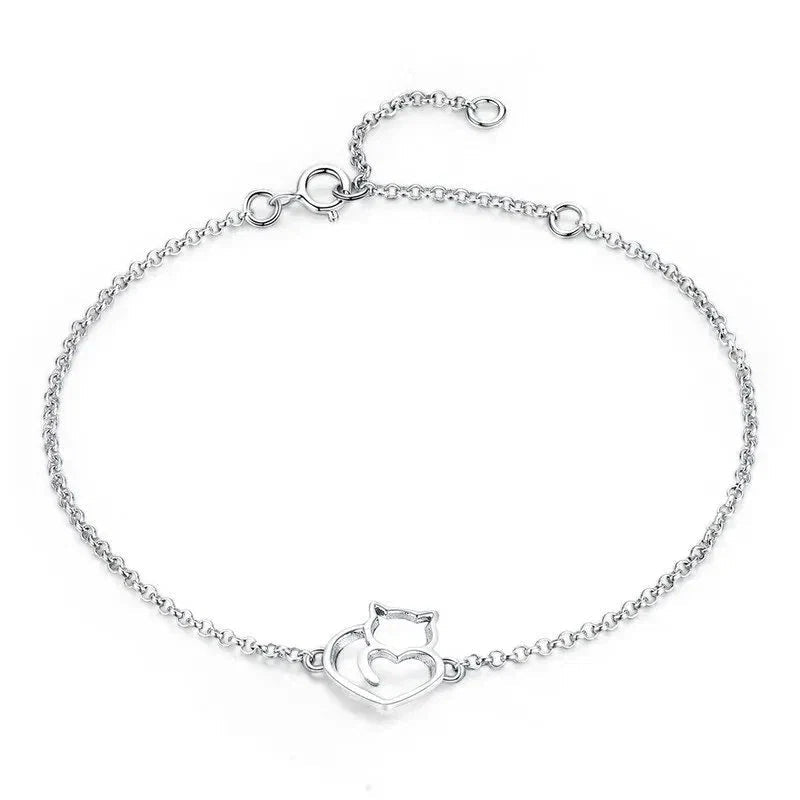 Pulseira Feminina Prata 925 com Pingente de Gatinho Delicada e Elegante feminina - Pulseira Pingente de Gatinho elegante | Veluna