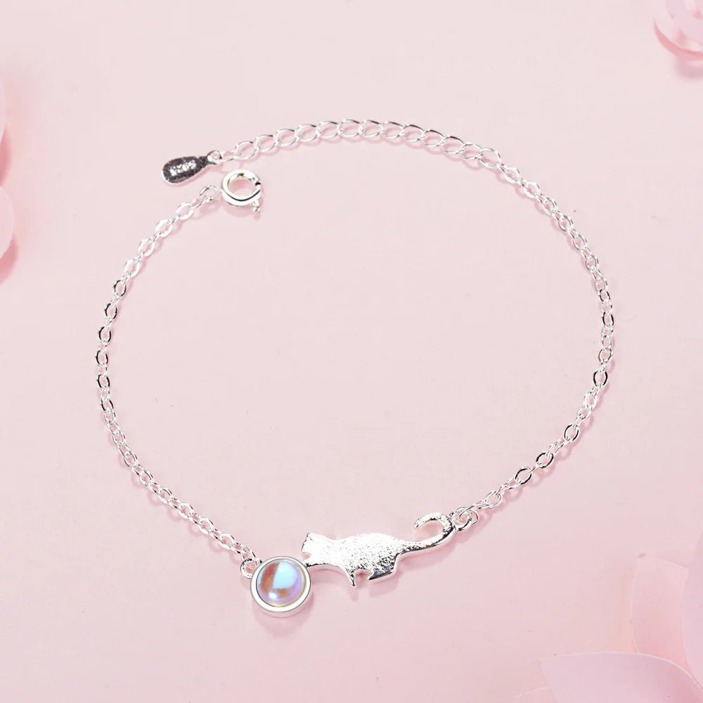 Pulseira Feminina Prata 925 com Pingente de Gatinho e Gota Delicada e Elegante feminina - Pulseira Gatinho mais Gota elegante | Veluna