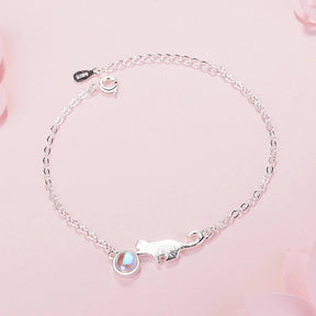 Pulseira Feminina Prata 925 com Pingente de Gatinho e Gota Delicada e Elegante feminina - Pulseira Gatinho mais Gota elegante | Veluna