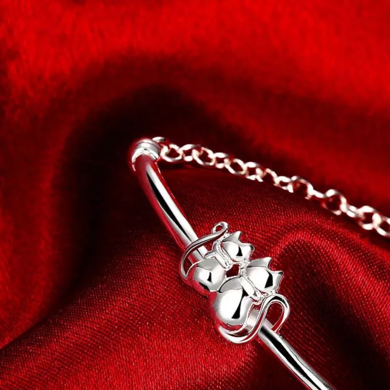 Pulseira Prata Esterlina 925 2 Gatinhos mais Pingente Coração feminina - Pulseira Pingente Coração elegante | Veluna