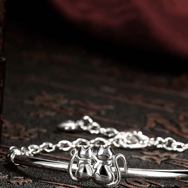Pulseira Prata Esterlina 925 2 Gatinhos mais Pingente Coração feminina - Pulseira Pingente Coração elegante | Veluna