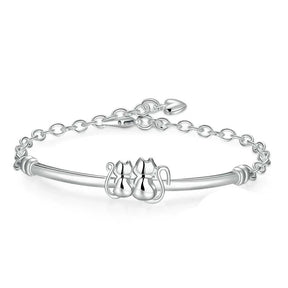 Pulseira Prata Esterlina 925 2 Gatinhos mais Pingente Coração feminina - Pulseira Pingente Coração elegante | Veluna