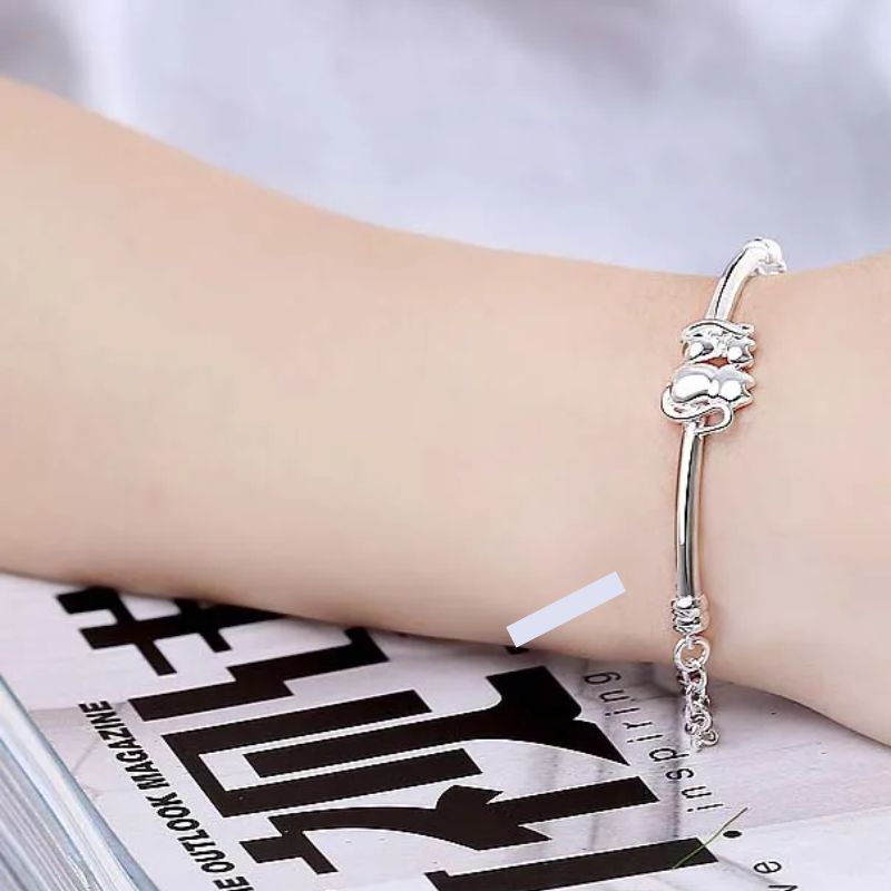 Pulseira Prata Esterlina 925 2 Gatinhos mais Pingente Coração feminina - Pulseira Pingente Coração elegante | Veluna