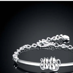 Pulseira Prata Esterlina 925 2 Gatinhos mais Pingente Coração feminina - Pulseira Pingente Coração elegante | Veluna