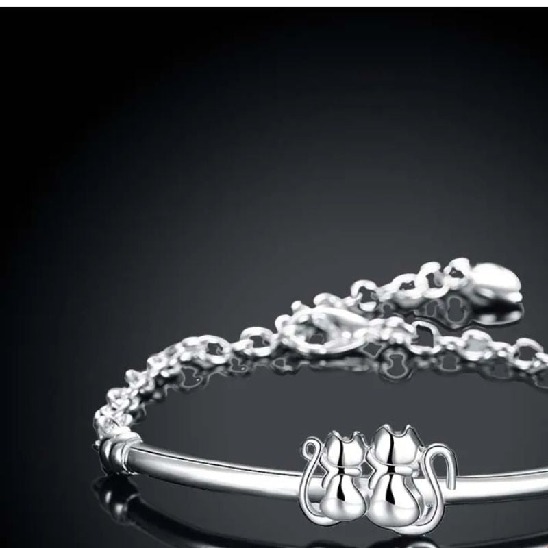 Pulseira Prata Esterlina 925 2 Gatinhos mais Pingente Coração feminina - Pulseira Pingente Coração elegante | Veluna